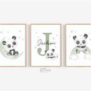 Láminas de panda para guardería, arte de pared personalizado para sala de juegos de bebé niño, decoración de guardería verde salvia, luna y estrellas, impresión de nombre, DESCARGA DIGITAL