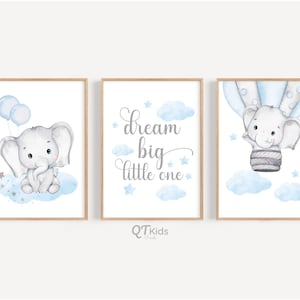 Elephant Nursery Prints, Blue Baby Nursery Decor, Dream Big Little One, Boy Nursery Printable Wall Art, Animal Prints, DIGITAL DOWNLOAD