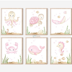 Sea Animal Prints Set, Under the Sea Nursery, Girl Nursery Ocean Wall Art, Pink Nautical Watercolour Sea Animal Posters, DIGITAL DOWNLOAD