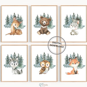 Estampas de animais da floresta, decoração de berçário de animais da floresta, impressões de arte de quarto infantil, conjunto de 6, estampas de floresta, arte de parede de animais de bebê, DOWNLOAD DIGITAL