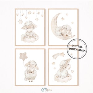 Stampe per la cameretta dei bambini di pecore di genere neutro, stampe artistiche di pecore addormentate con stelle e luna, decorazioni per la cameretta dei bambini, stampe di animali acquerellate, DOWNLOAD DIGITALI