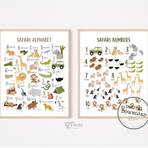 Impresiones de números del alfabeto de Safari, póster ABC, números del 1 al 10, carteles de aprendizaje preescolar, decoración de pared de sala de juegos, impresiones para guardería DESCARGA DIGITAL