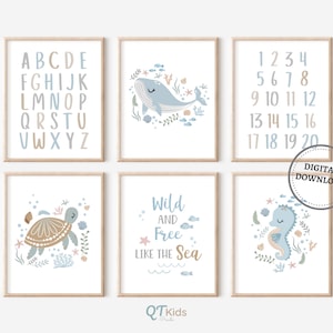 Meerestiere Alphabet Zahlen Kinderzimmer Drucke, Set von 6 ABC Poster, Ozean Kinderzimmer Dekor, Kinderspielzimmer pädagogisches druckbares DIGITALER DOWNLOAD