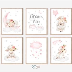Girl Nursery Prints, Sheep Nursery Printable Wall Art, Dream Big Little One, Pink Baby Nursery Decor, Animal Wall Art, DIGITAL DOWNLOADS