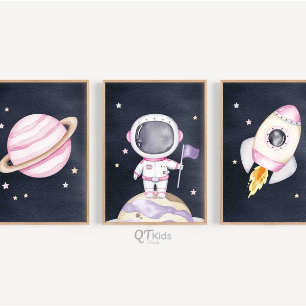 Space Nursery Prints, Girl Room Printable Wall Art, Pink Space Playroom Decor, Watercolour Planets Rocket Astronaut Posters DIGITAL DOWNLOAD