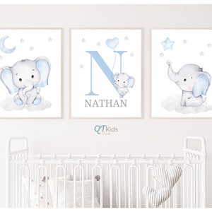 Stampe personalizzate per la cameretta dei bambini con elefante, stampe personalizzate con nome per bambini, stampe da parete stampabili per la cameretta dei bambini, decorazioni per la cameretta dei bambini blu, DOWNLOAD DIGITALE