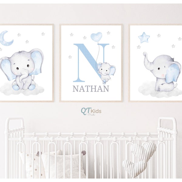 Impresiones personalizadas de la guardería del elefante del nombre, impresiones personalizadas del nombre del bebé, arte de la pared imprimible de la habitación del niño, decoración de la guardería azul, DESCARGA DIGITAL