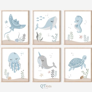 Under the Sea Nursery Prints, Ocean Animal Printable Wall Art, Decoración de pared de la sala de juegos neutral para niños, Conjunto de 6 carteles de Sea Life, DESCARGA DIGITAL