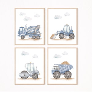 Watercolour Construction Trucks Prints, Boy Room Wall Art, Blue Truck Posters, Construction Vehicles, Transportation Prints DIGITAL DOWNLOAD
