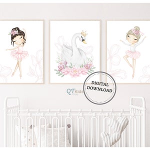 Ballerina Nursery Prints, Swan Girl Nursery Printable Wall Art, Baby Girl Room Decor, Pink Floral Swan Princess Prints, DIGITAL DOWNLOAD image 1