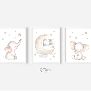 Elephant Nursery Prints, Dream Big Little One, Brown Baby Nursery Decor, Neutral Nursery Printable Wall Art, Animal Prints, DIGITAL DOWNLOAD