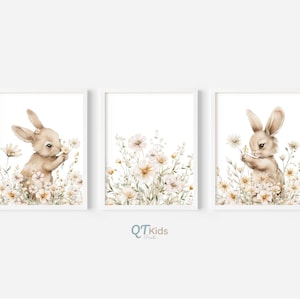 Kaninchen Wildblumen Druckbare Wandkunst, Mädchen Poster, Beige Blumendrucke, Braunes Kaninchen Wildblumen Poster, DIGITALER DOWNLOAD