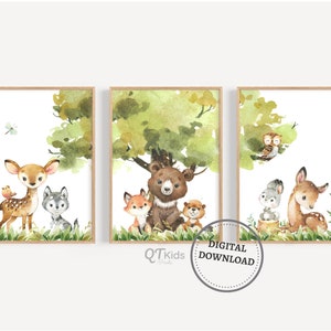 Láminas de animales del bosque, decoración de guardería con temática de bosque, juego de 3 pósteres de animales del bosque de género neutro, arte de pared de animales para bebés, DESCARGA DIGITAL