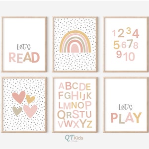 Alphabet Numbers Nursery Prints Set of 6, Girl Room Wall Art, Boho Rainbow Lets Read Lets Play Posters, Pink Nursery Decor, DIGITAL DOWNLOAD