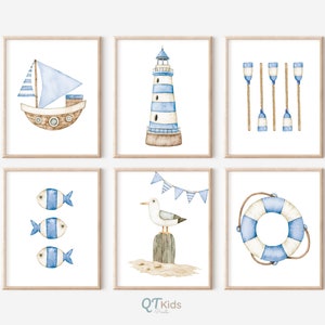 Nautical Nursery Prints, Nautical Wall Art, Watercolour Coastal Prints, Boy Nursery Nautical Decor, Sail Boat Lighthouse DIGITAL DOWNLOAD