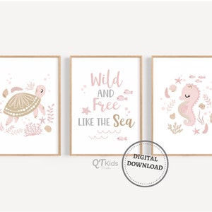 Impresiones de vivero de animales marinos, arte de pared imprimible de vivero de océano, decoración de sala de juegos de niña, caballito de mar de ballena rosa de vivero Boho, DESCARGA DIGITAL