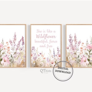 Girl Nursery Prints, Wildflowers Botanical Prints, She is a Wildflower Quote, Girl Bedroom Playroom Pink Floral Posters, DIGITAL DOWNLOAD
