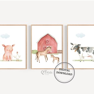 Farm Nursery Printable Wall Art, Farm Animal Prints, Kids Room Farm Decor, Set of 3 Barn Yard Animal Prints,Farm Posters, DIGITAL DOWNLOAD