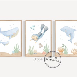 Maritime Kinderzimmer Drucke, Taucher, Meerestiere Wal Delfin Drucke, Digitales Aquarell Seetier Junge Zimmer Wandkunst, DIGITALER DOWNLOAD