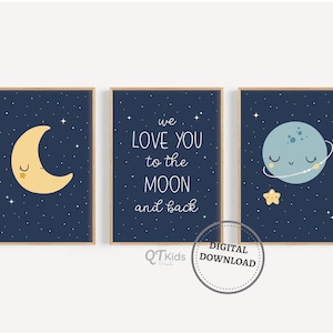 Láminas para habitación infantil "Te amo hasta la luna y más allá", arte de pared imprimible con planetas, estrellas y luna durmiendo, decoración de pared espacial para habitación de bebé, descarga digital