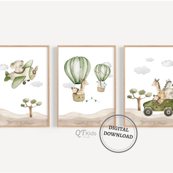 Safari kwekerij prints, dieren in hete luchtballon, jongen speelkamer kunst aan de muur, vliegtuig speelkamer prints, jungle kwekerij decor, digitale DOWNLOAD