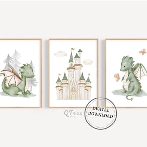 Dragon Nursery Prints, Boy Room Printable Wall Art, Playroom Wall Decor, Green Dragon Kids Room Prints, Fairytale Nursery, DIGITAL DOWNLOAD