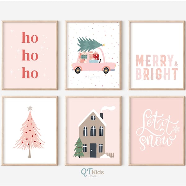 Pink Christmas Print Set of 6, Girl Room Xmas Decor, Merry & Bright, Let it Snow, Ho Ho Ho, Scandinavian Christmas Decor, DIGITAL DOWNLOAD