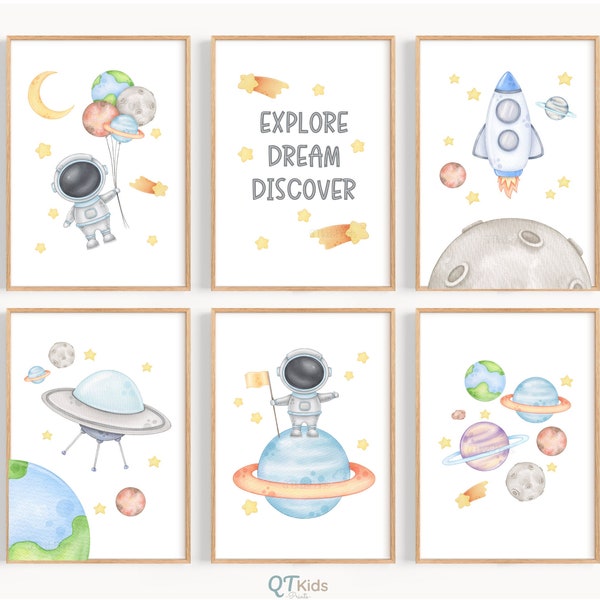 Watercolour Space Nursery Prints, Solar System Planets Kids Room Wall Art, Space Playroom Decor, Spaceship Astronaut Poster DIGITAL DOWNLOAD