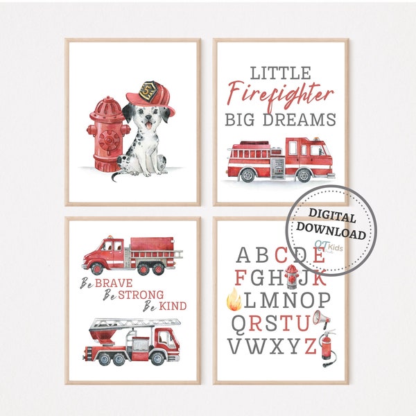 Watercolour Fire Truck Prints, Firefighter Fire Engine Nursery Wall Art, Boy Room Decor, Playroom Truck Vehicles Posters, DIGITAL DOWNLOAD