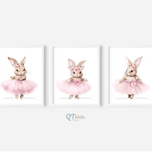 Láminas de conejita bailarina para habitación infantil, arte de pared imprimible para habitación de niña, decoración rosa para habitación de bebé, láminas florales de ballet de animales bailando, descarga digital