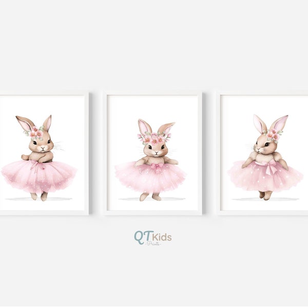Impressions chambre de bébé lapin ballerine, art mural imprimable pour chambre de fille, décoration de chambre de bébé rose, danse animaux ballet imprimés floraux, téléchargement numérique
