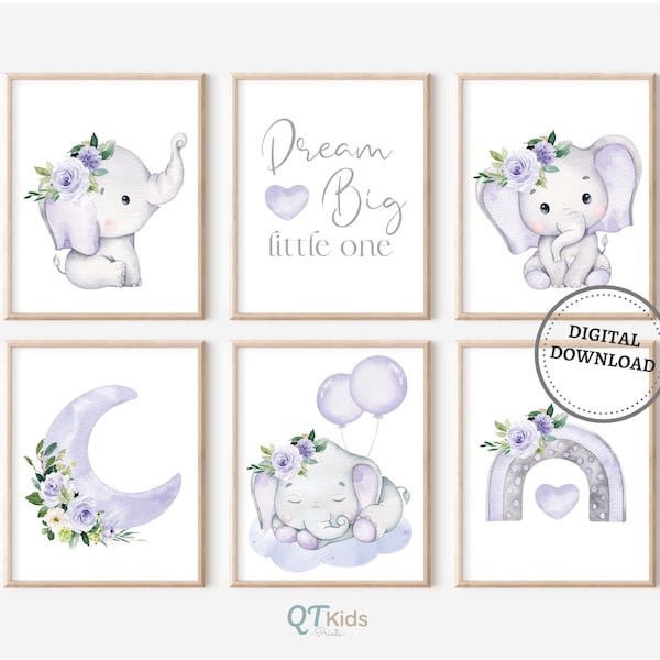 Baby Elephant Prints, Girl Room Nursery Dream Big Little One, Purple Floral Printable Wall Art, Animal Nursery Posters DIGITAL DOWNLOAD