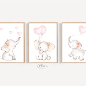 Láminas de elefantes para guardería, decoración de guardería en rosa ruborizado, arte de pared imprimible con globos rosas de elefante, láminas de animales para habitación de niña, DESCARGA DIGITAL