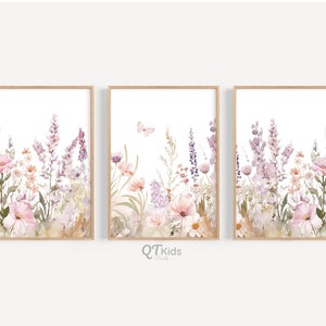 Láminas florales para guardería, arte de pared para habitación de niña, flores de color violeta y rosa claro, ramos de flores de acuarela, láminas de flores silvestres, DESCARGA DIGITAL