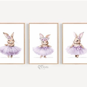 Láminas de conejita bailarina para guardería, arte de pared imprimible para habitación de niña, decoración de habitación de bebé morada, láminas florales de ballet de animales bailando, DESCARGA DIGITAL