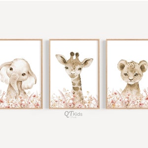 Arte mural con animales de safari, impresiones florales para dormitorio de niña, flores silvestres de color rosa ruborizado, impresiones para habitación infantil con elefantes, leones y jirafas DESCARGA DIGITAL