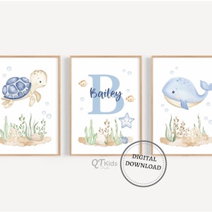 Impresiones de vivero bajo el mar, carteles personalizados de animales marinos con nombre de bebé, decoración náutica personalizada del océano del vivero de niños, DESCARGA DIGITAL