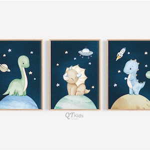 Weltraum Dinosaurier Prints, Junge Zimmer Kinderzimmer druckbare Wandkunst, Dino Spielzimmer Dekor, 3er-Set Aquarell Dinosaurier Poster, DIGITALER DOWNLOAD