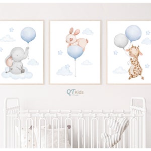 Jungenzimmer Poster, Baby-Tiere mit Luftballons, Blaue Jungenzimmerdeko, Elefant-Häschen-Giraffen, Jungen-Spielzimmerposter, DIGITALER DOWNLOAD