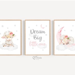 Girl Nursery Prints, Sheep Nursery Printable Wall Art, Dream Big Little One, Pink Baby Nursery Decor, Animal Wall Art, DIGITAL DOWNLOADS