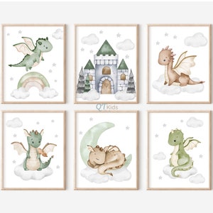 Green Dragons Nursery Prints, Boy Room Wall Art, Fairytale Playroom Decor, Baby Dragon Kids Room Prints, Dragon Posters,  DIGITAL DOWNLOAD