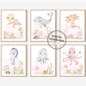 Pink Sea Animal Nursery Prints, Ocean Animal Printable Wall Art, Nautical Girl Playroom Decor, Under the Sea Nursery Decor, DIGITAL DOWNLOAD