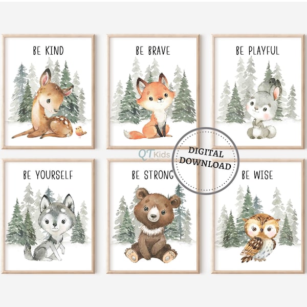 Woodland Prints, Forest Animal Nursery Wall Art, Playroom Decor, Gender Neutral Kids Room, Watercolour Woodland Posters, DIGITAL DOWNLOAD