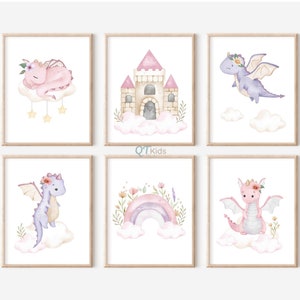 May include: Set of six watercolor prints featuring pink and purple dragons, a castle, a rainbow, and clouds. The prints are perfect for a nursery or child's room.