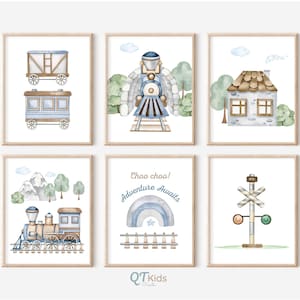 Impresiones de trenes para guardería, arte de pared imprimible con acuarela para habitación de niños, vehículos de transporte, juego de 6 impresiones para sala de juegos de niños, DESCARGA DIGITAL
