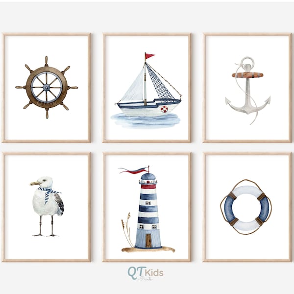 Nautical Nursery Prints, Sailboat Lighthouse Printable Wall Art, Seaside Ocean Boy Nursery Decor, Kids Room Wall Art, DIGITAL DOWNLOAD