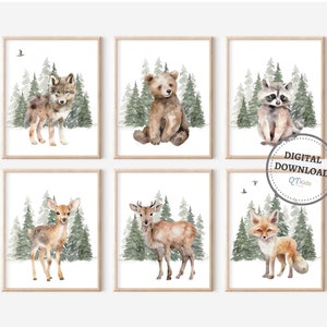 Wald Tiere Prints, Wald Kinderzimmer Dekor, Junge Kinderzimmer druckbare Wandkunst, Set von 6 Prints, Baby Waldtiere Poster, DIGITALER DOWNLOAD