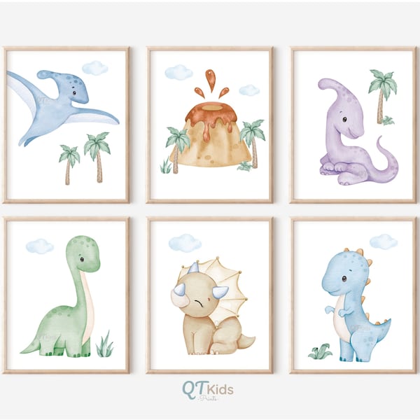 Watercolour Dinosaur Prints, Boy Room Printable Wall Art, Dino Playroom Decor, Set of 6 Pastel Blue Green Dinosaur Posters, DIGITAL DOWNLOAD