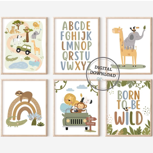 Safari Nursery Prints, Safari Animal Alphabet Printable Wall Art, Kids Playroom Decor, Set of 6 Boho Nursery Jungle Prints, DIGITAL DOWNLOAD