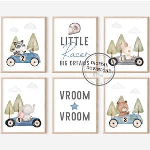 Blue Race Car Nursery Prints, Woodland Animals in Cars, Boy Playroom Printable Wall Art, Vroom Vroom, Bear Elephant Bunny, DIGITAL DOWNLOAD